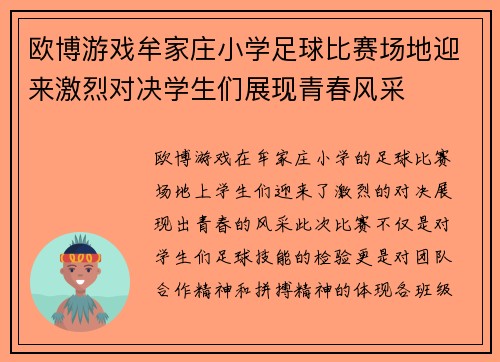 欧博游戏牟家庄小学足球比赛场地迎来激烈对决学生们展现青春风采