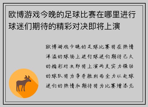 欧博游戏今晚的足球比赛在哪里进行球迷们期待的精彩对决即将上演